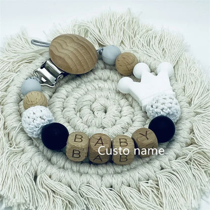 DIY Custom Name Silicone Beads & Wooden Ring Pacifier Clip – Safe Baby Teether, Eco-Friendly Dummy Chain Gift