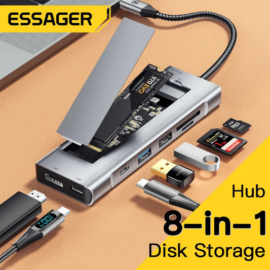 ESSAGER 8-in-1 USB-C Hub Dock Station — HDMI + Disk Storage | Compatible with MacBook Pro/Air M1 & M2