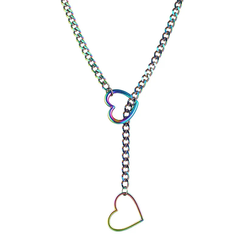 Heart O-Ring Punk Rock Necklace – Stainless Steel Cuban Chain Y-Necklace for Women