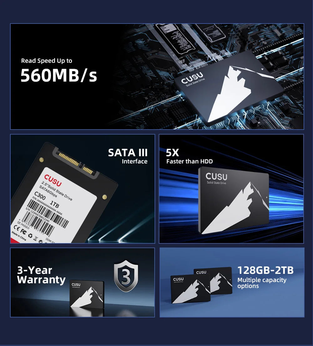 CUSU 2.5" SATA SSD – 128GB/256GB/512GB/1TB/2TB Solid State Drive for Laptop & PC