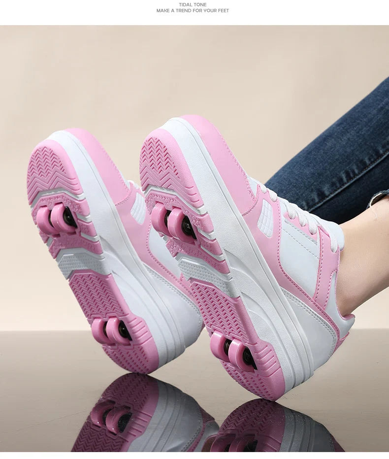 Four-Wheel Roller Shoes for Boys & Girls – Casual Outdoor Sports Sneakers with Pulleys, Slide & Shrink School Walking Shoes