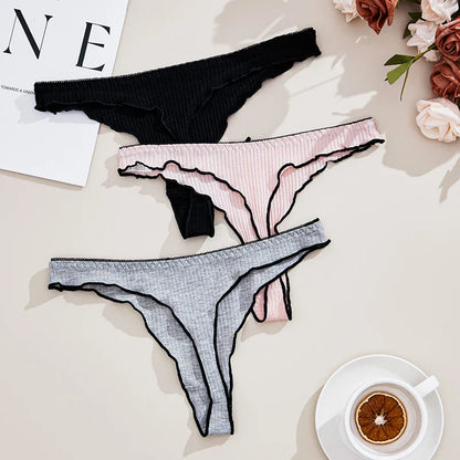 3Pcs Women's Low-Rise Thong Panties - Solid Color Cotton Lingerie for Comfort & Style