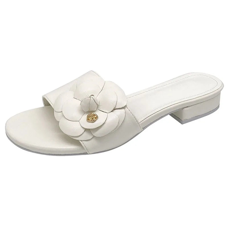 Luxury Women’s Flower Slippers — Camellia Open-Toe Slides for Home & Outdoor, Ladies Flip Flop Sandals