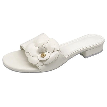 Luxury Women’s Flower Slippers — Camellia Open-Toe Slides for Home & Outdoor, Ladies Flip Flop Sandals