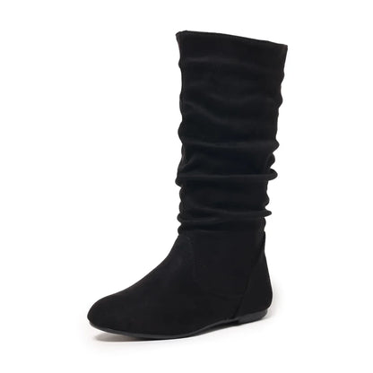 Pleated PU Women’s Fashion Boots – Casual Side-Zip Round Toe Flat High Solid Color Boots