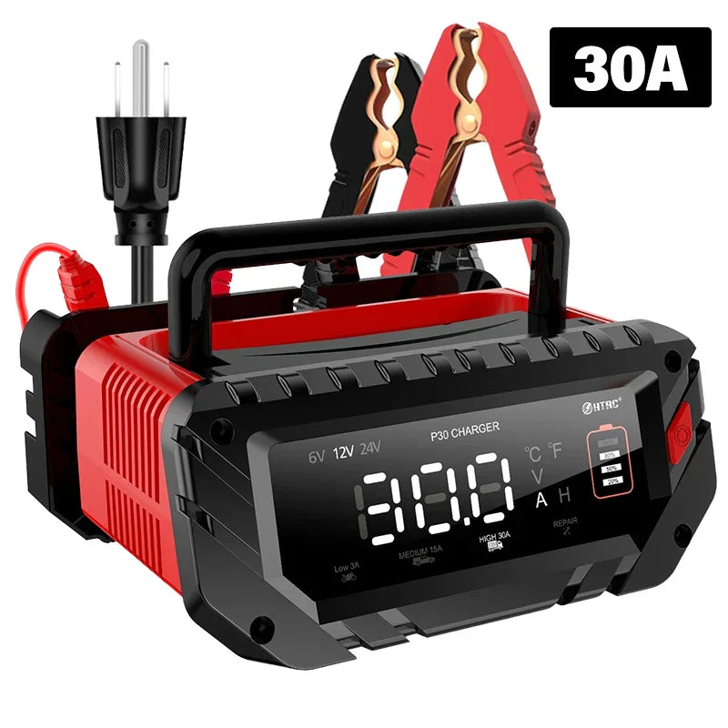 12V/30A & 24V/16A Smart Car Battery Charger — 6V/10A Motorcycle Battery Repair for AGM, GEL, Lithium & LiFePO4 Batteries