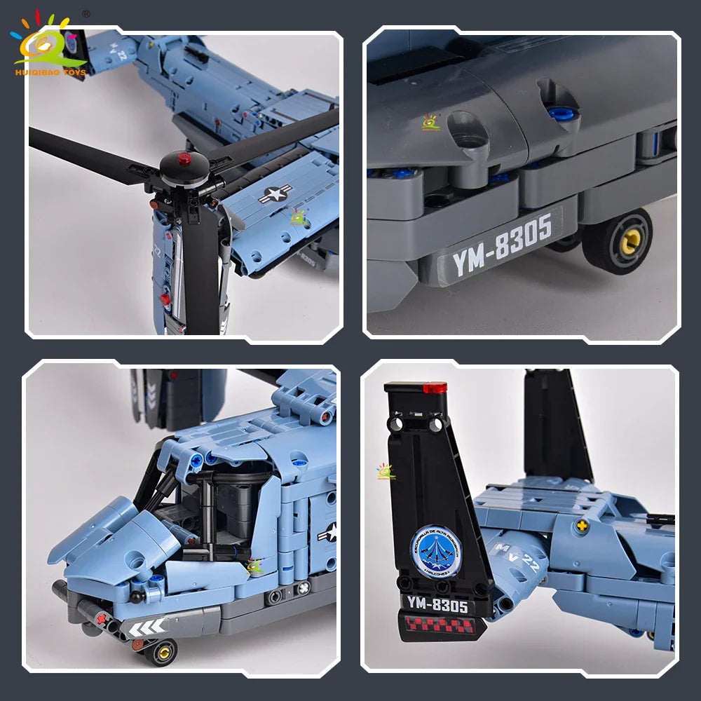 HUIQIBAO MOC 1389PCS V-22 Tiltrotor Aircraft Building Blocks – Military Helicopter Model Toy for Kids & Home Decor