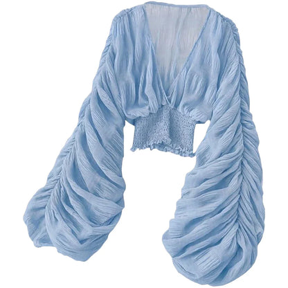 Women's Draped Chiffon Blouse - Elegant V-Neck Puff Sleeve Slim-Fit Party Top for Summer Fashion