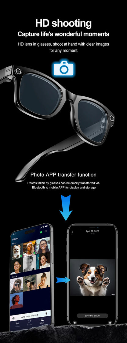 Smart AI Glasses — Video Recording, Photo Recognition, Translation, Bluetooth with 260mAh Battery, IP65 Waterproof