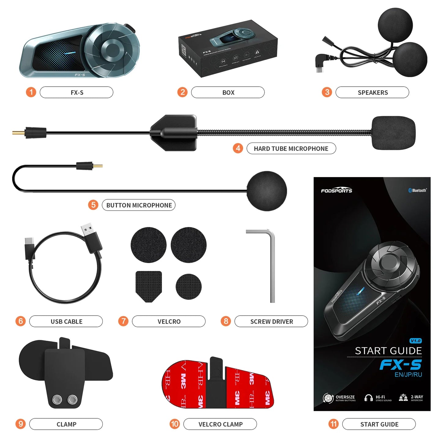 Fodsports FX-S Bluetooth Motorcycle Intercom — Wireless Helmet Headset with 1000M Range, BT5.4
