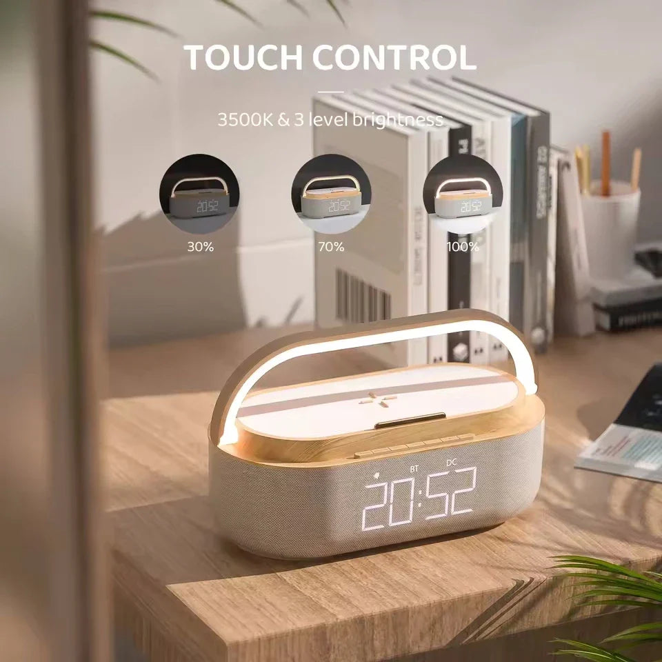 Portable Bluetooth Speaker with Wireless Charging — FM Radio, Alarm Clock, Music Sound Box, Night Light & Charger Lamp