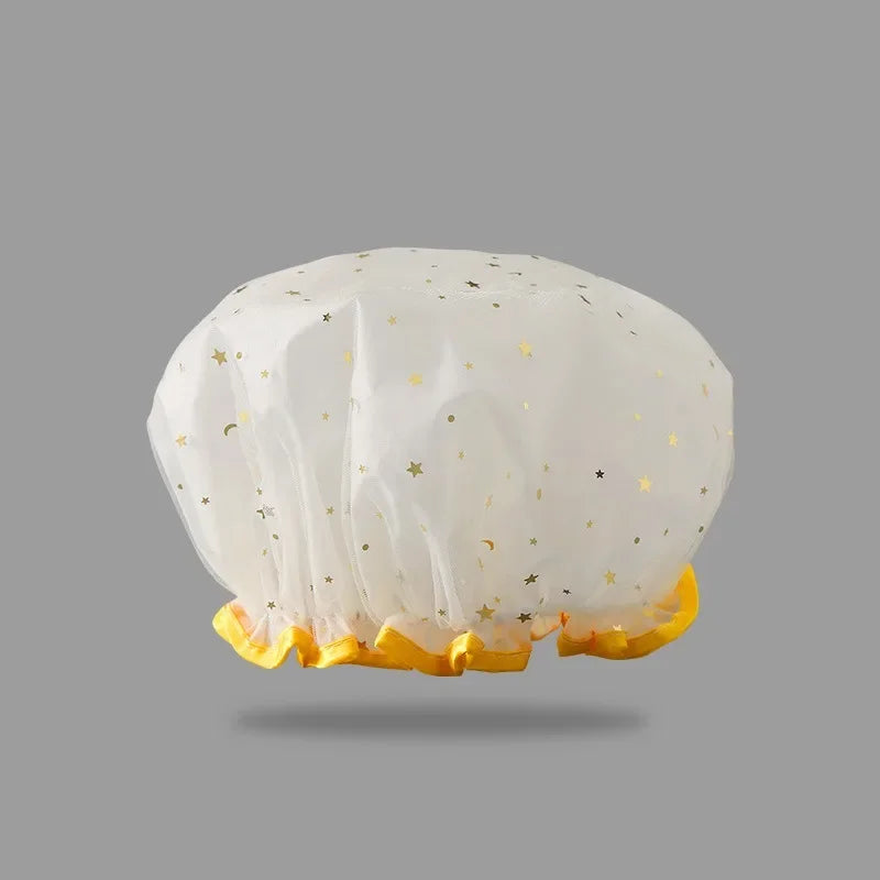 Waterproof Double-Layer Shower Cap – Starry Sky Design, Fashionable Reusable Bathing Hat, Oil-Proof Kitchen Hat