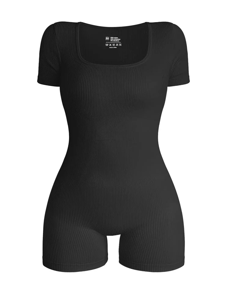 New Women's Gym Wear: Square Neck Short Sleeve Bodysuit - Ribbed Yoga Sportswear Jumpsuit for Workout Clothing