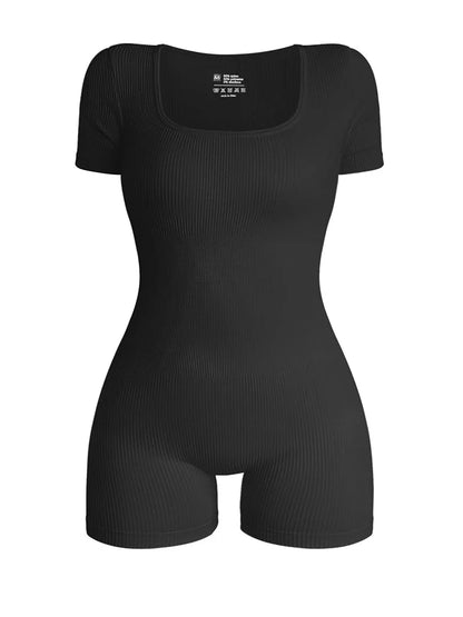 New Women's Gym Wear: Square Neck Short Sleeve Bodysuit - Ribbed Yoga Sportswear Jumpsuit for Workout Clothing