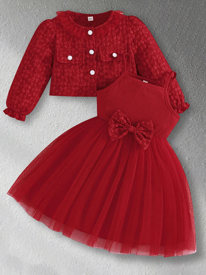 Girls' Summer & Fall 2-Piece Set – Tulle Patchwork Slip Dress with Flower Jacket, Casual Outfit for Ages 2-8Y