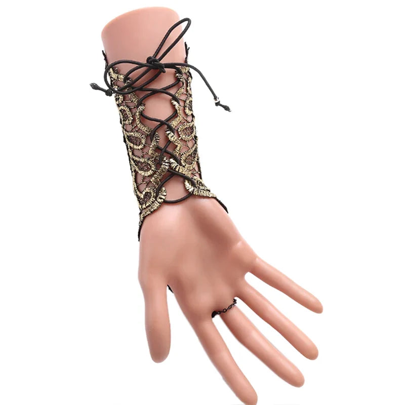 Gothic Steampunk Lace Cuffs - Black Fingerless Arm Warmers and Bracelet Accessories for Halloween and Fashion