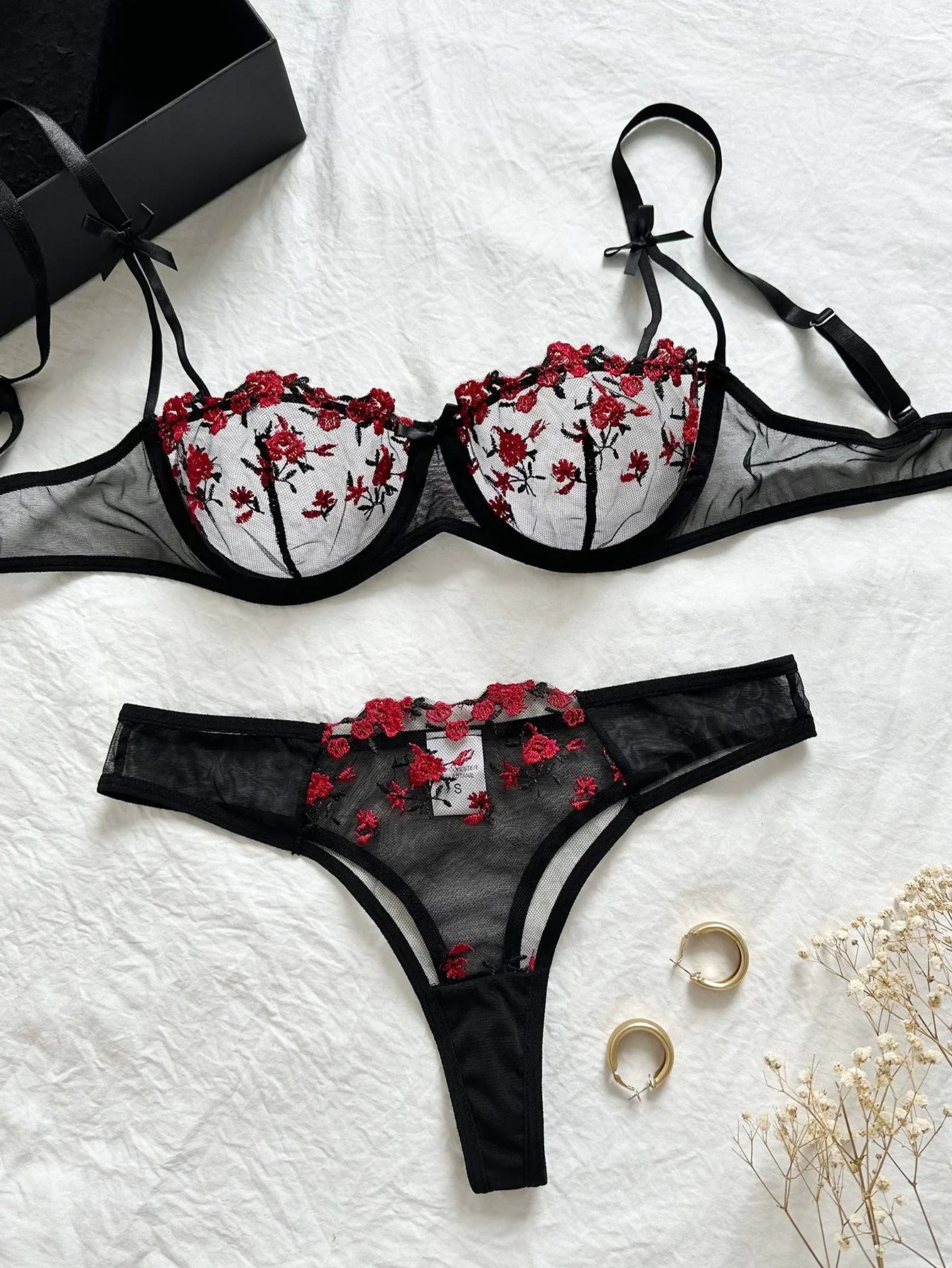 Sexy Lace Floral Lingerie Set for Women — Transparent Bra & Underwear Party Set, Sizes S-XL