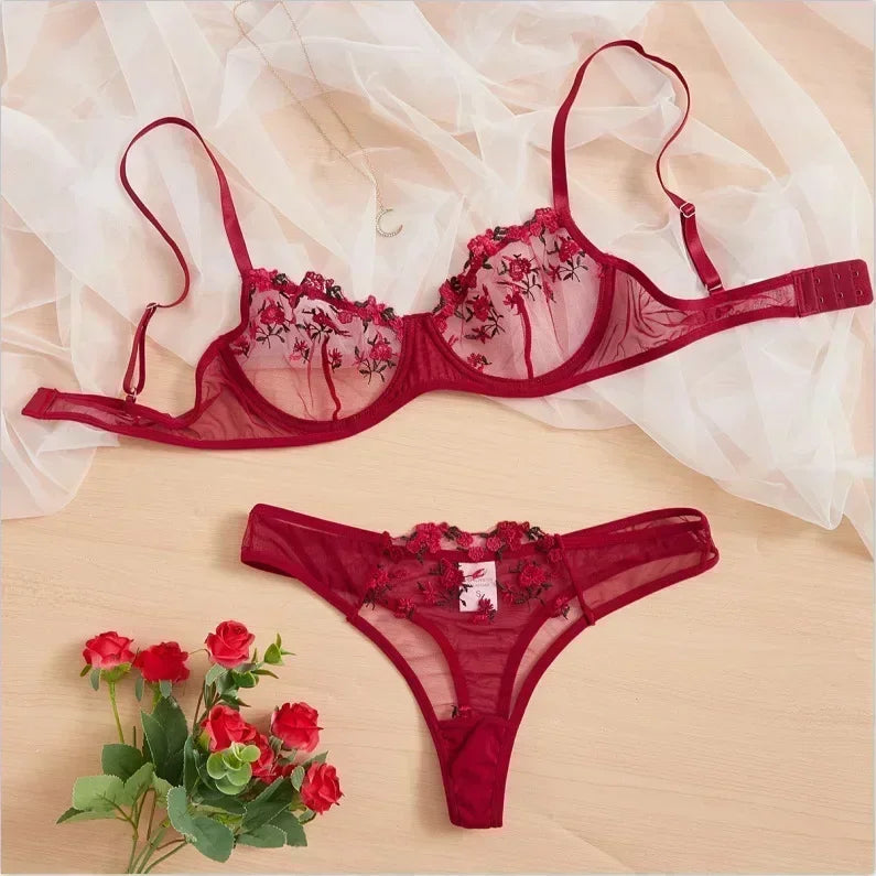 Sexy Lace Floral Lingerie Set for Women — Transparent Bra & Underwear Party Set, Sizes S-XL