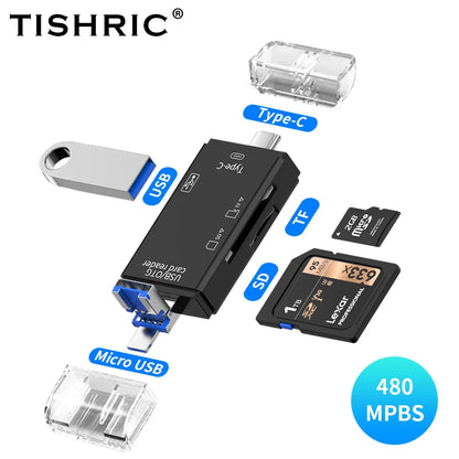 TISHRIC Type-C Memory Card Reader Adapter – SD/TF Card Reader with USB & Micro USB for MacBook, Samsung, Huawei & Xiaomi