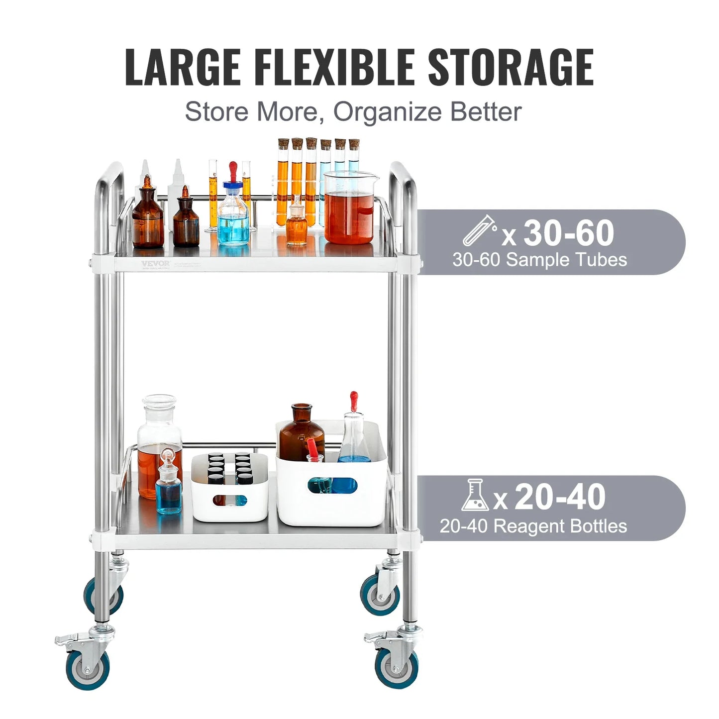 VEVOR 2-Shelf Stainless Steel Rolling Lab Cart – Utility & Serving Cart for Clinic, Laboratory, Hospital & Salon