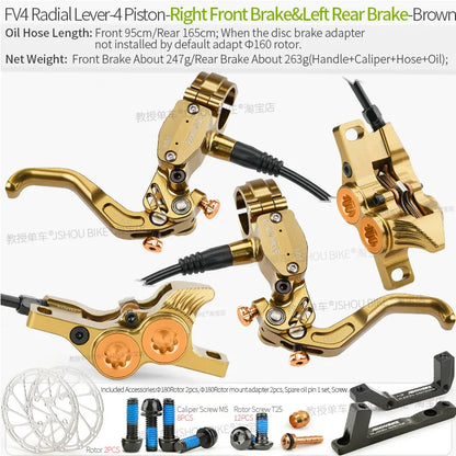 Frog Wake FV4 Mountain Bike Hydraulic Disc Brake Kit – 180mm Rotors, Aluminum 4-Piston Calipers & Levers for MTB