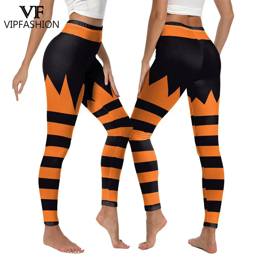 Women’s Halloween Leggings - Spooky Pumpkin Stripe Graphic Stretch Pants for Parties & Workouts