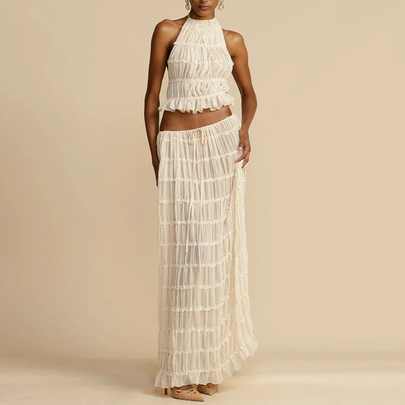 Women’s Boho Sexy Backless 2-Piece Set – Vintage Ruched Halter Cami Top & Maxi Skirt Beach Holiday Party Outfit