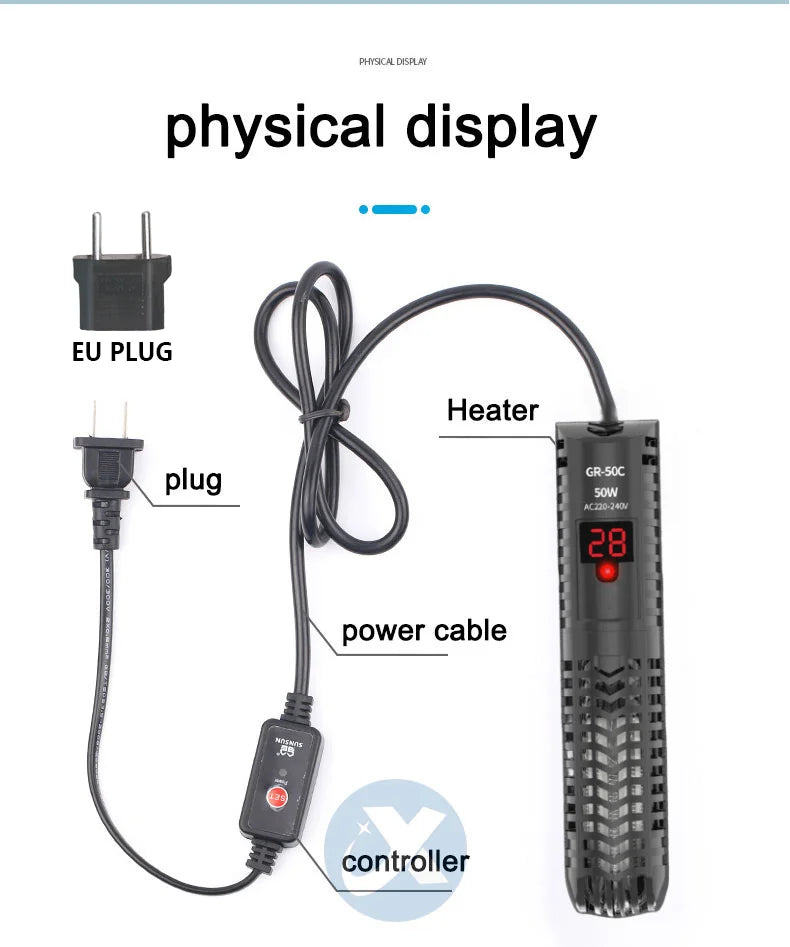 25W-300W Fish Tank Aquarium Heating Rod - Quartz Glass with Digital Display & Automatic Thermostat for Aquariums