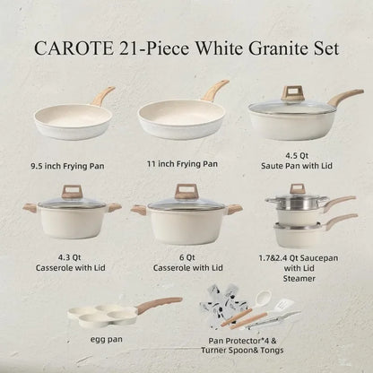 CAROTE 21 Piece White Granite Nonstick Cookware Set - Induction-Ready Pots, Pans, and Frying Pans