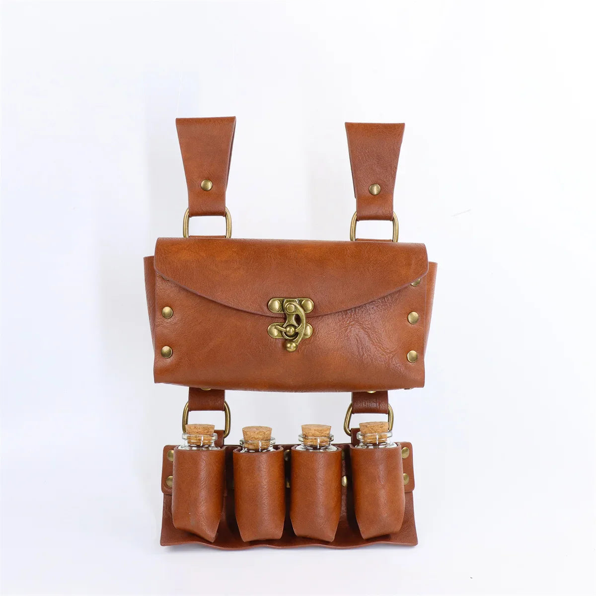 Renaissance Leather Cosplay Belt – Medieval Wizard Waist Bag with Alchemy Bottle, Cork Stopper & Copper Coin