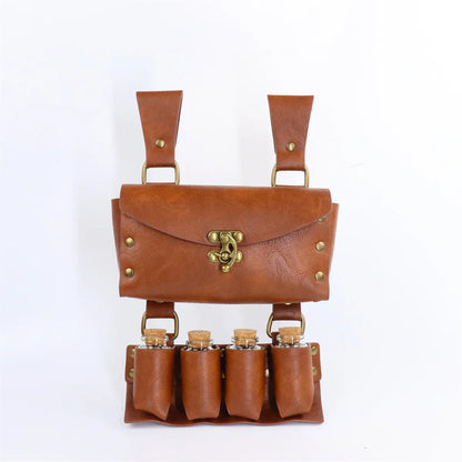 Renaissance Leather Cosplay Belt – Medieval Wizard Waist Bag with Alchemy Bottle, Cork Stopper & Copper Coin
