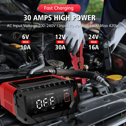 12V/30A & 24V/16A Smart Car Battery Charger — 6V/10A Motorcycle Battery Repair for AGM, GEL, Lithium & LiFePO4 Batteries