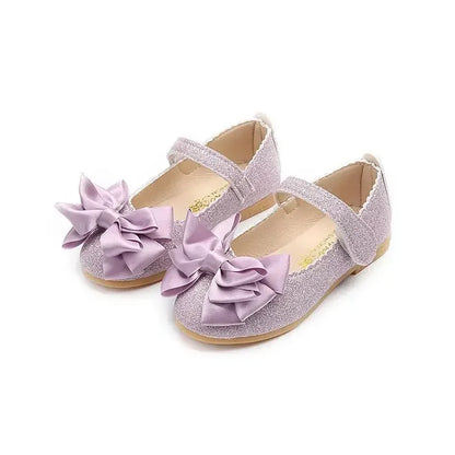 Girls Glitter Bow Flats - Princess Leather Dress Shoes for Toddlers & Kids, Dance Party Footwear