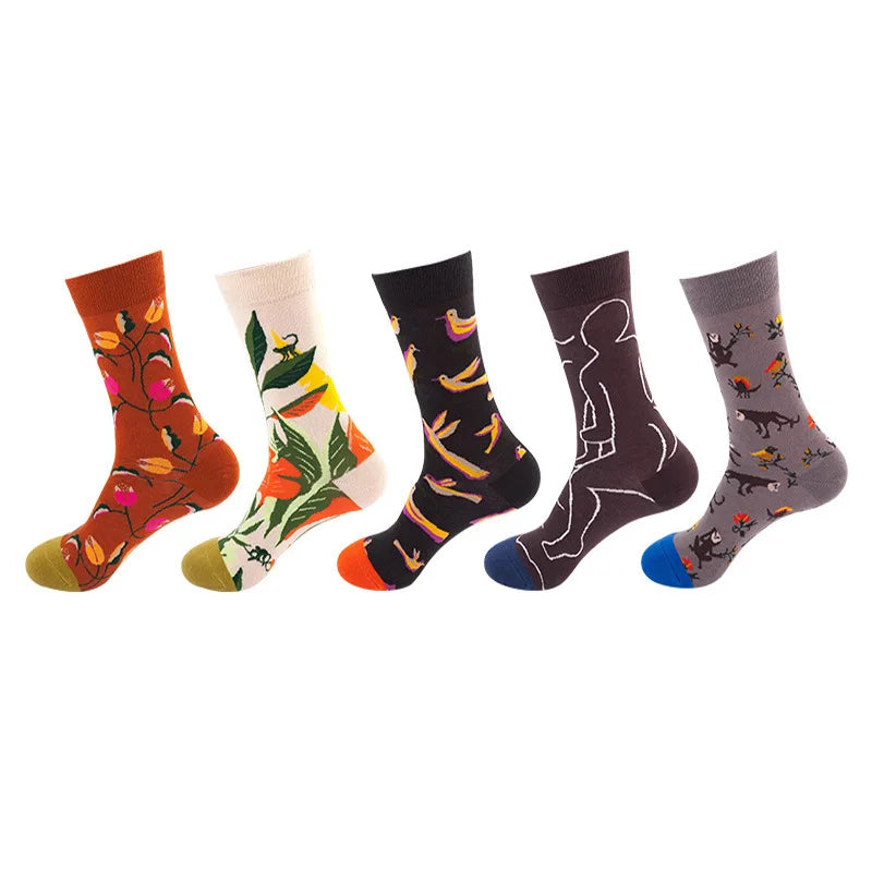 5-Pair Men’s Cotton Sports Socks Pack - Hip Hop Harajuku Pastel Print Long Tube Running Casual Socks