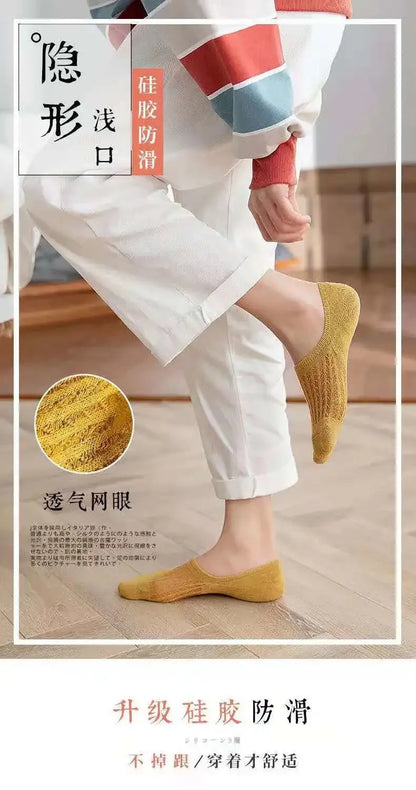 5 Pairs Women's Silicone Invisible Boat Socks - Summer Solid Color Ankle Socks, Soft Cotton Slipper, Size 35-40 EUR