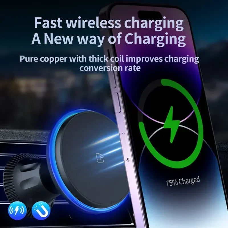 30W RGB Magnetic Car Wireless Charger – Fast Charging Stand Mount for iPhone 12-15 Pro Max, MagSafe Compatible