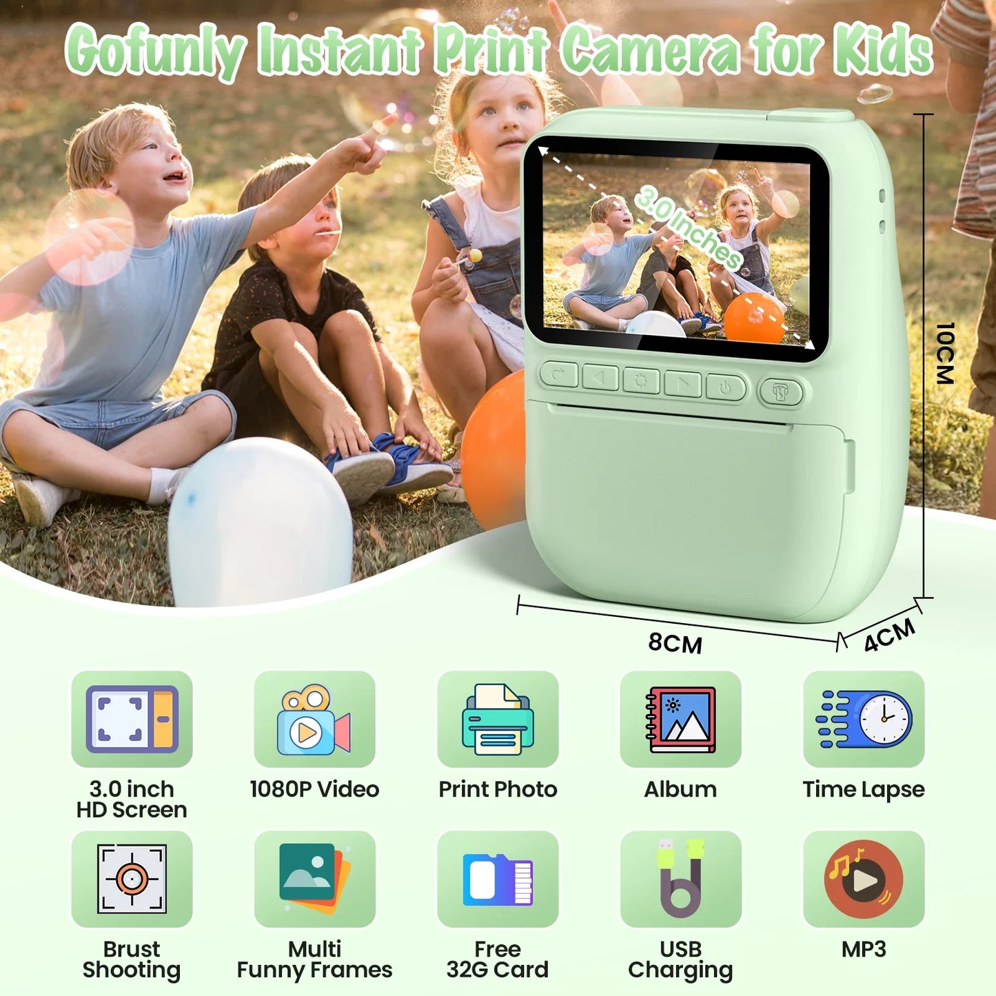 Gofunly Kids Instant Print Camera – 3.0" Mini 1080P Digital Video Recorder for Children Ages 6–12