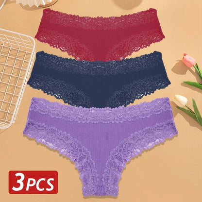 3PCS Women’s Cotton Lace Panties Set - Low Waist Brazilian Bikini Underwear Soft Floral Lingerie T-Back Style