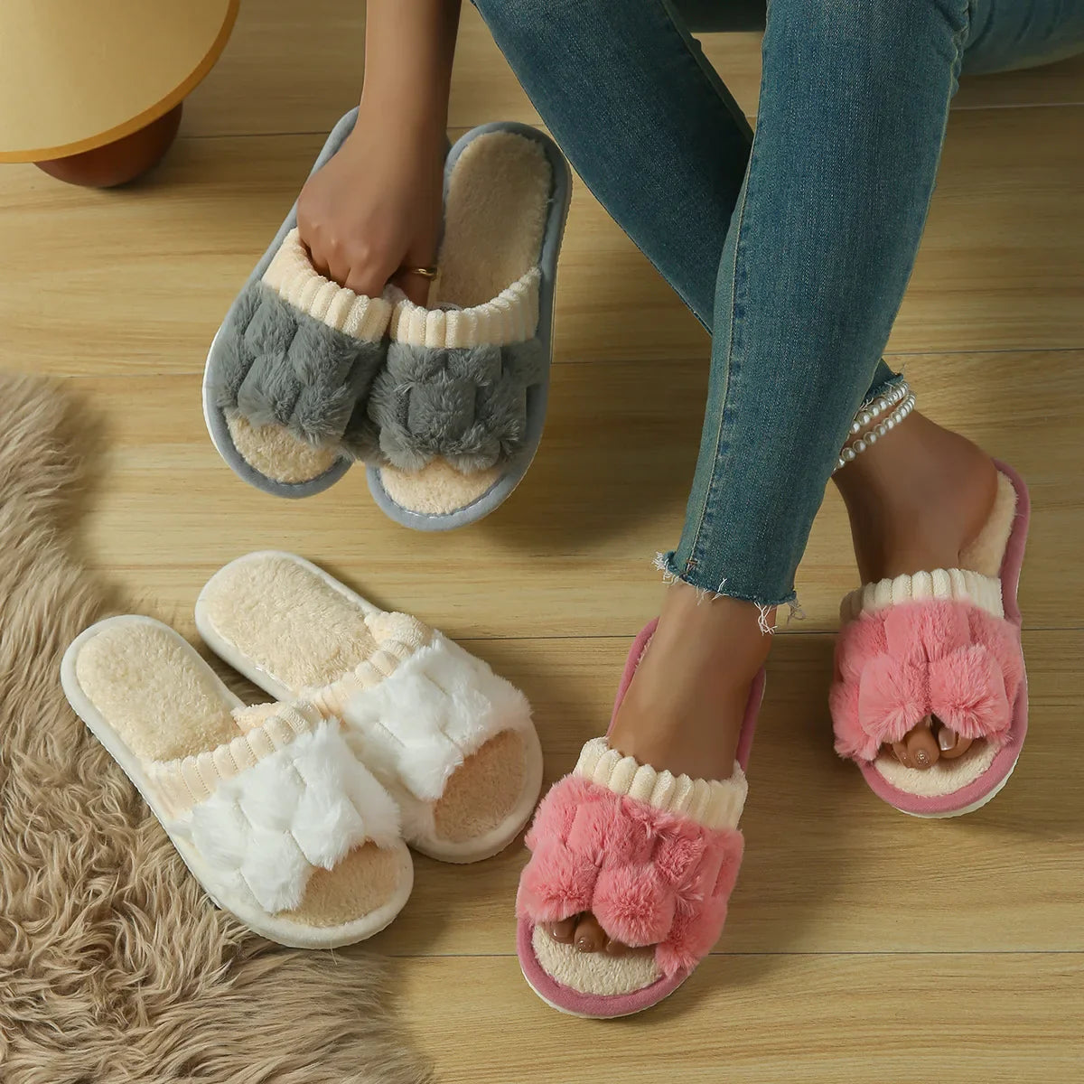 Women’s Cotton Plush Slippers – Warm Non-Slip Comfortable Flat Slides for Winter & Autumn