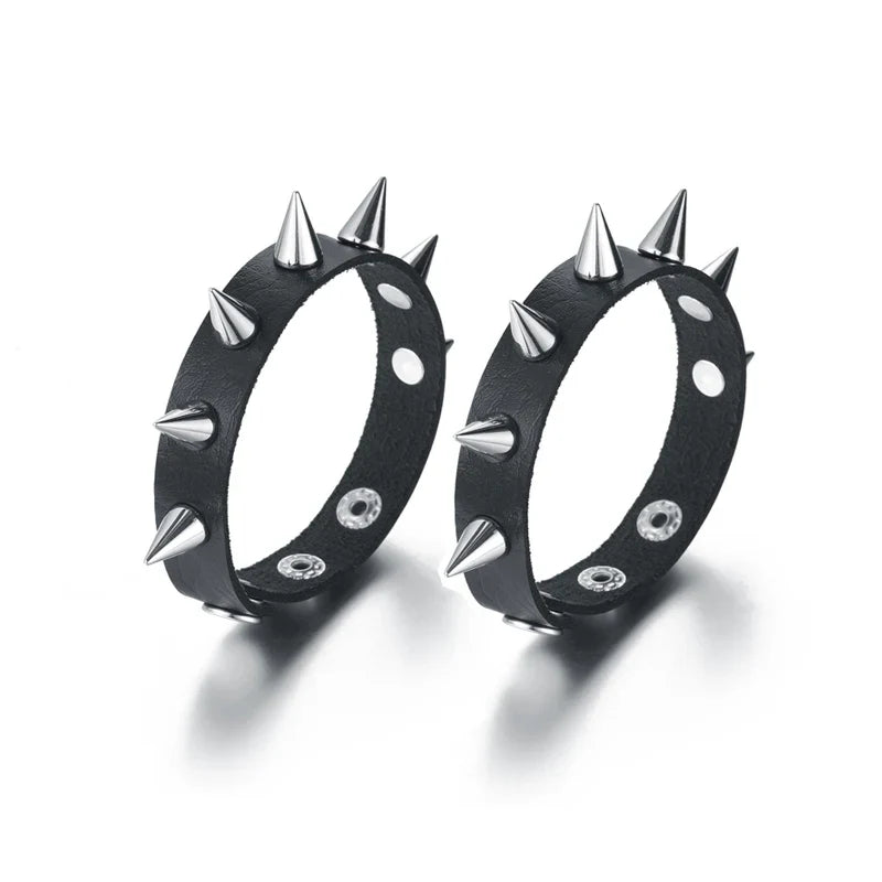 Spiked Black PU Leather Bracelet Set – Punk Rock Metal Wristband for Men, Goth Bangle Accessories