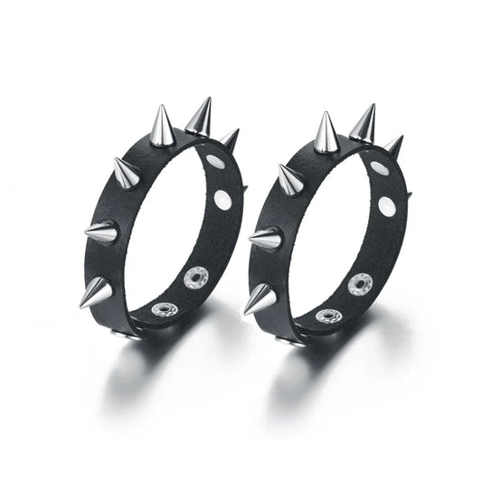 Spiked Black PU Leather Bracelet Set – Punk Rock Metal Wristband for Men, Goth Bangle Accessories