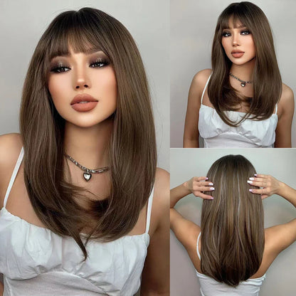 Long Straight Layered Blonde Wig with Platinum Highlights — Synthetic Hair with Bangs, Heat-Resistant for Women Daily & Cosplay