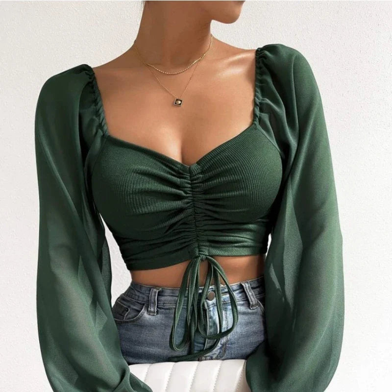 ALLUKASA Sexy Mesh Lantern Sleeves T-Shirt – Drawstring Wrap Chest & Bare Midriff, Women's Long Sleeve Bottoming Top