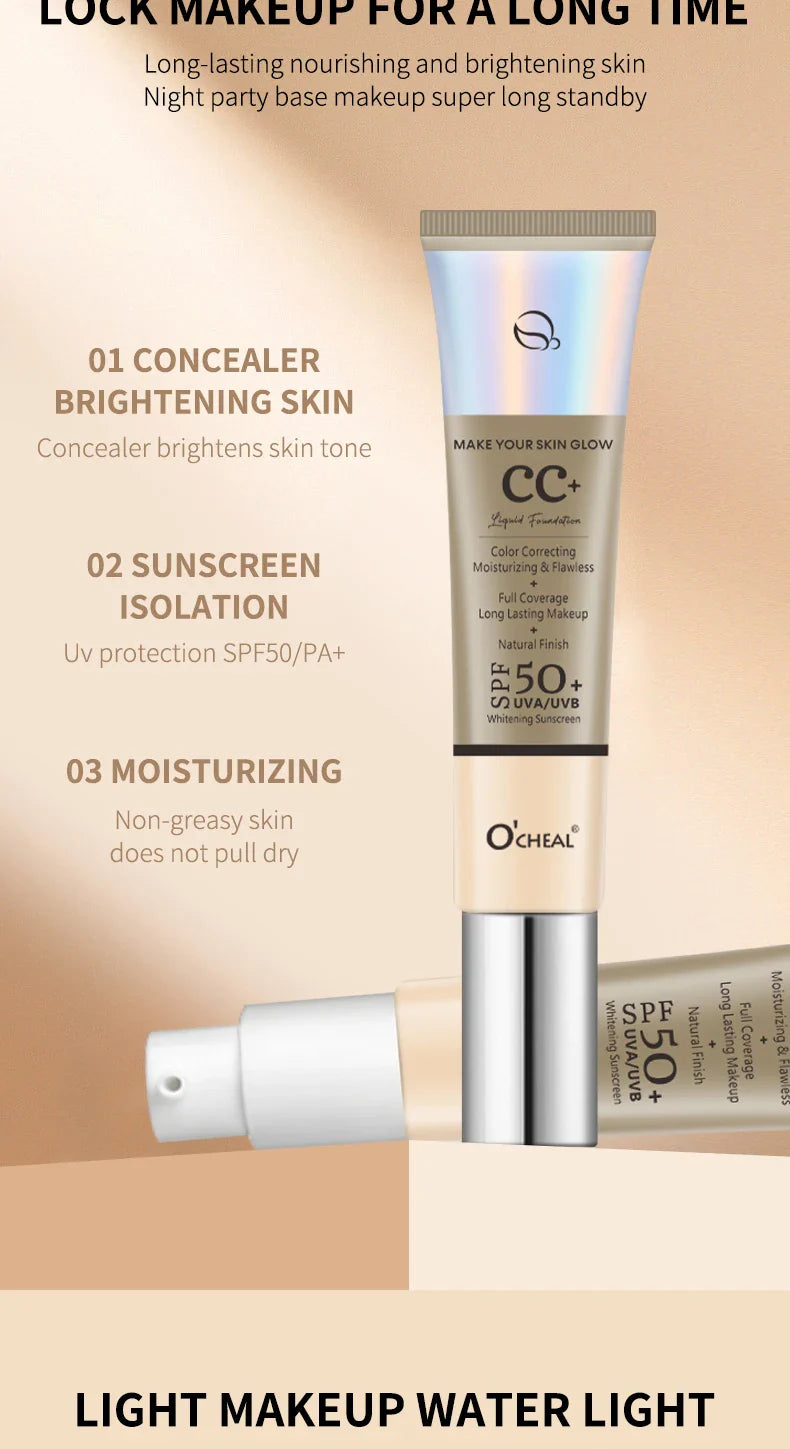 Ocheal 30g CC Cream Foundation – Waterproof Concealer, Moisturizing Sunscreen, SPF 50+, Long-Lasting Brightening Makeup Primer