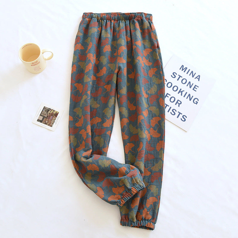 2025 Spring Summer Women's Pajama Pants – 100% Cotton Crepe Loose Fit Leaf Print Home Wear Bottoms