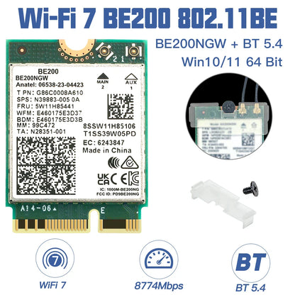 WiFi 7 Intel BE200 Wireless Network Card – Bluetooth 5.4 NGFF Adapter, 802.11AX 2.4G/5G/6GHz for Win10/11 PC