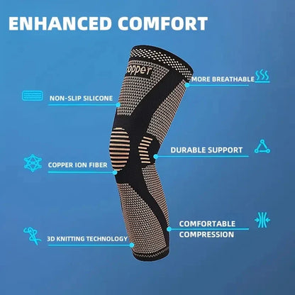 Copper Compression Knee Sleeves – Stretchable Breathable Knee Brace Support for Full Leg Stability, Pain Relief & Sports Recovery Knit Fabric