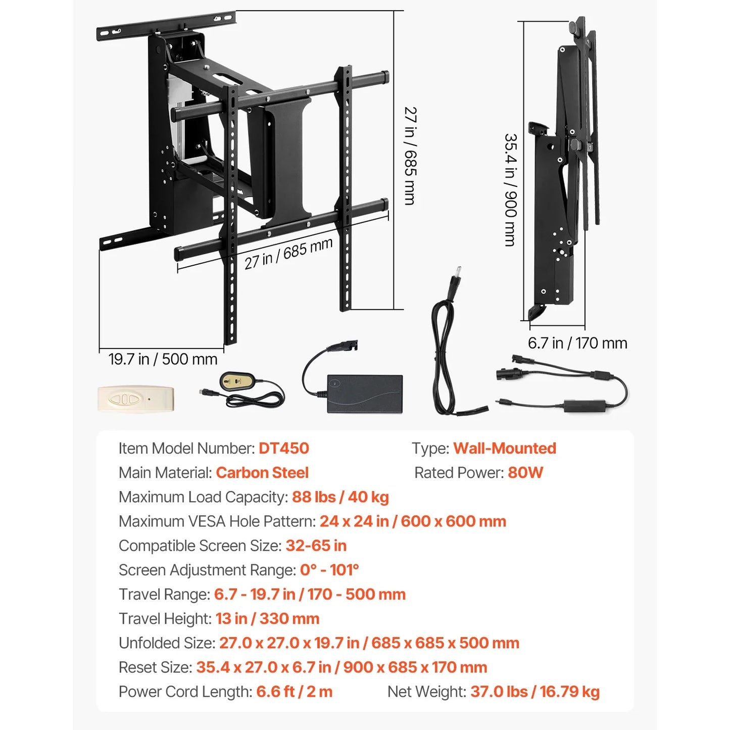 SucceBuy Motorized TV Wall Mount Bracket for 32–70 Inch TVs – Adjustable Electric Lift, Heavy Duty, Max VESA 24x16/24, 88–132 lbs Capacity