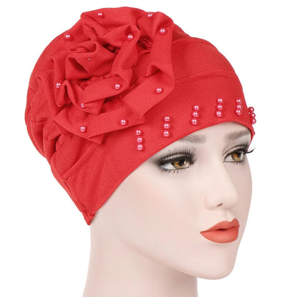 2024 Pearl Embellished Muslim Turban Beanie for Women – Elastic Hijab Headwrap with Flower Chemo Cap