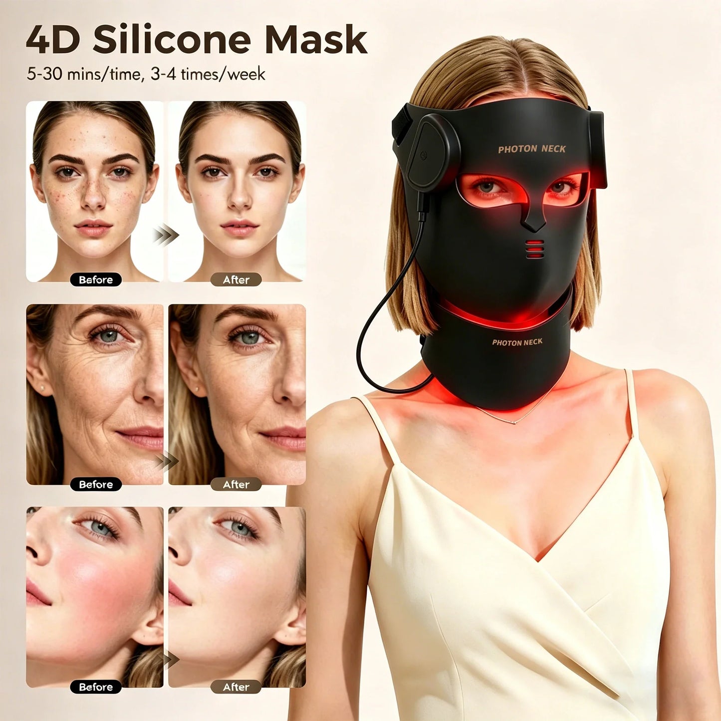 8-Color LED Red Light Therapy Face Mask - Silicone Photon Skincare Mask with Neck Coverage for Wrinkles & Acne